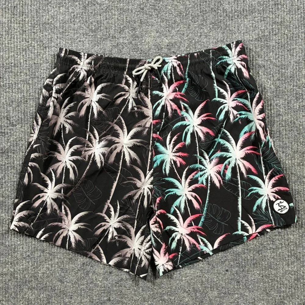 Uzzi Mens Swim Trunks Size L Black Palm Tree Tropical Board Shorts Elastic Waist
